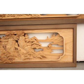 籠瀬露風 神代杉枠 楠木彫欄間 2枚1組　R2499Y 