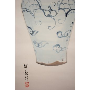 倣 西沢笛畝【李朝染付壺に花】紙本掛軸　Z189 