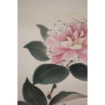 倣 西沢笛畝【李朝染付壺に花】紙本掛軸　Z189 