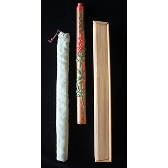 猩々斎作 南天高蒔絵 支那竹 斑竹香筒　Q082 