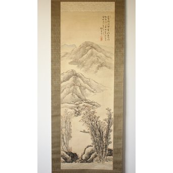 倣 松林桂月 山水図 掛軸　Z192