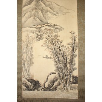 倣 松林桂月 山水図 掛軸　Z192 