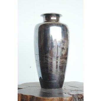 香川勝廣 片切彫純銀花瓶　M178 