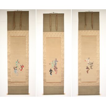 倣 岩佐又兵衛 風俗画 絹本掛軸3幅対　Z201