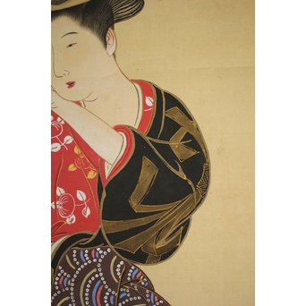 倣 月岡雪鼎 肉筆浮世絵【地獄太夫】絹本掛軸双福　Z202 