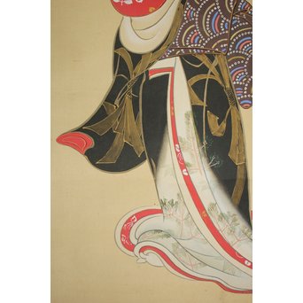 倣 月岡雪鼎 肉筆浮世絵【地獄太夫】絹本掛軸双福　Z202 