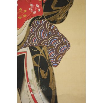 倣 月岡雪鼎 肉筆浮世絵【地獄太夫】絹本掛軸双福　Z202 