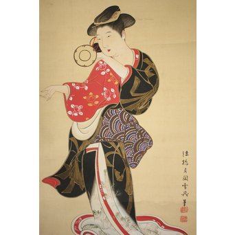 倣 月岡雪鼎 肉筆浮世絵【地獄太夫】絹本掛軸双福　Z202 