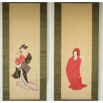 倣 月岡雪鼎 肉筆浮世絵【地獄太夫】絹本掛軸双福　Z202