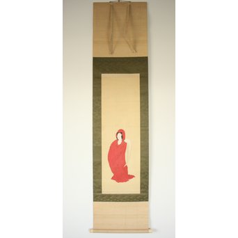 倣 月岡雪鼎 肉筆浮世絵【地獄太夫】絹本掛軸双福　Z202 