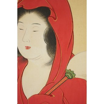 倣 月岡雪鼎 肉筆浮世絵【地獄太夫】絹本掛軸双福　Z202 