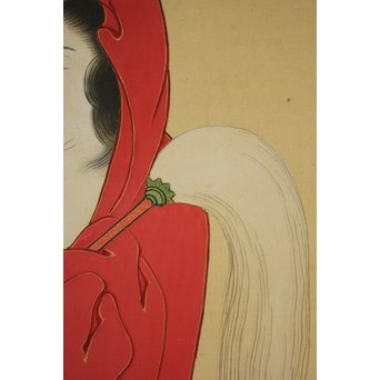 倣 月岡雪鼎 肉筆浮世絵【地獄太夫】絹本掛軸双福　Z202 