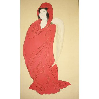 倣 月岡雪鼎 肉筆浮世絵【地獄太夫】絹本掛軸双福　Z202 