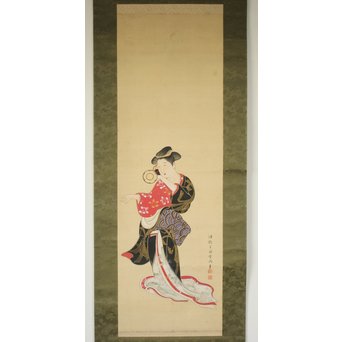 倣 月岡雪鼎 肉筆浮世絵【地獄太夫】絹本掛軸双福　Z202 