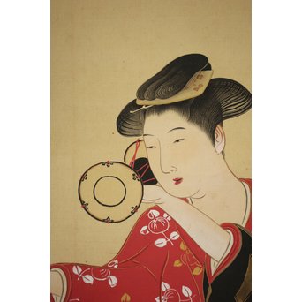 倣 月岡雪鼎 肉筆浮世絵【地獄太夫】絹本掛軸双福　Z202 