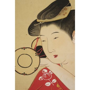 倣 月岡雪鼎 肉筆浮世絵【地獄太夫】絹本掛軸双福　Z202 