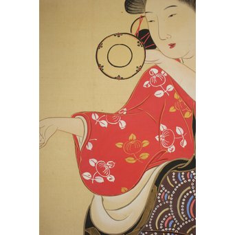 倣 月岡雪鼎 肉筆浮世絵【地獄太夫】絹本掛軸双福　Z202 