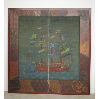 異国船 金唐革紙風 屏風　Z204