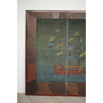 異国船 金唐革紙風 屏風　Z204 