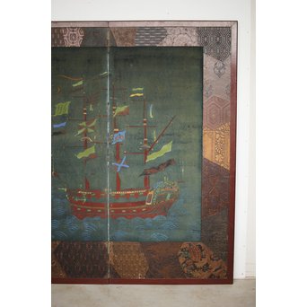 異国船 金唐革紙風 屏風　Z204 