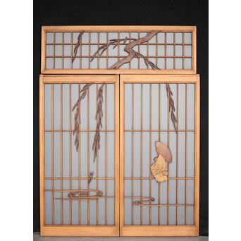 小野道風 柳と蛙 3枚1組 書院欄間　R2541