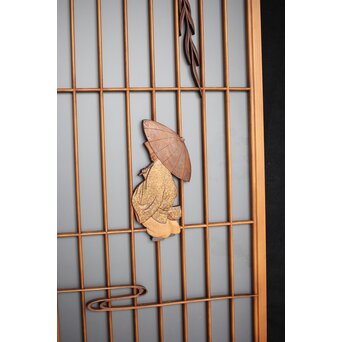 小野道風 柳と蛙 3枚1組 書院欄間　R2541 