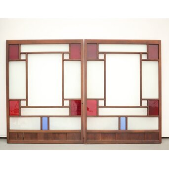 赤色ガラスの中型ガラス戸 2枚1組　GD1273