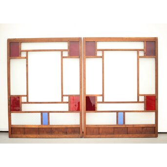 赤色ガラスの中型ガラス戸 2枚1組　GD1273 