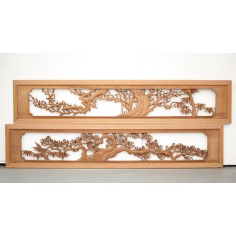 長尺 松竹梅深彫木彫欄間 2枚1組　R2551