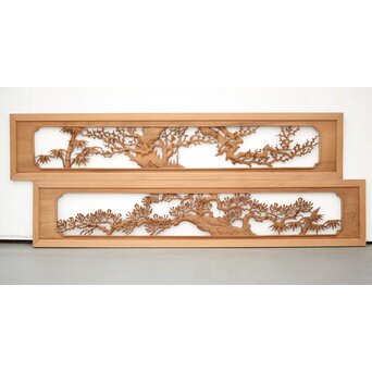 長尺 松竹梅深彫木彫欄間 2枚1組　R2551 