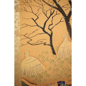 長涼作 農村図 絹本掛軸　Z207 