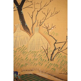 長涼作 農村図 絹本掛軸　Z207 