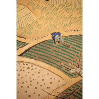 長涼作 農村図 絹本掛軸　Z207 