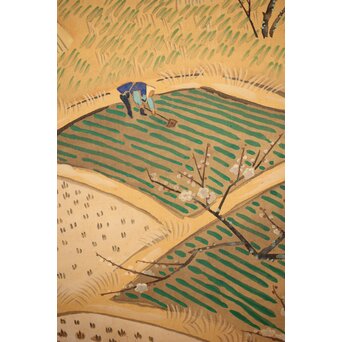 長涼作 農村図 絹本掛軸　Z207 