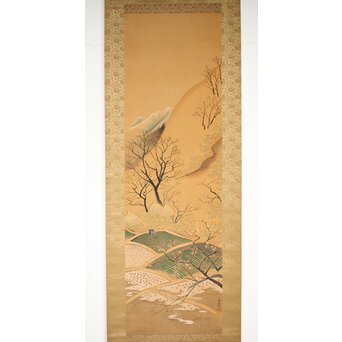 長涼作 農村図 絹本掛軸　Z207 