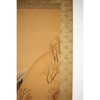 長涼作 農村図 絹本掛軸　Z207 