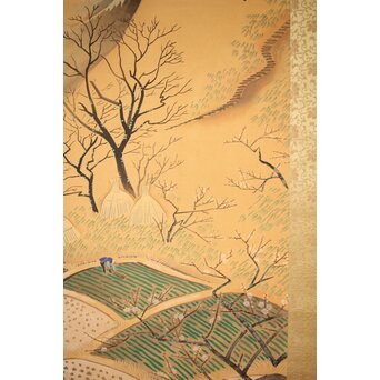 長涼作 農村図 絹本掛軸　Z207 