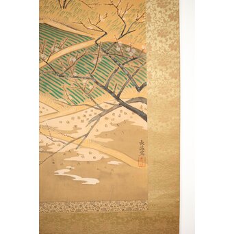 長涼作 農村図 絹本掛軸　Z207 