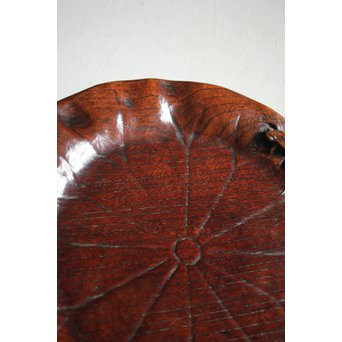 蓮葉に蛙 在銘木彫盆　X217 