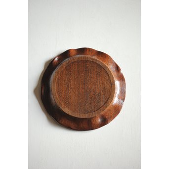 蓮葉に蛙 在銘木彫盆　X217 