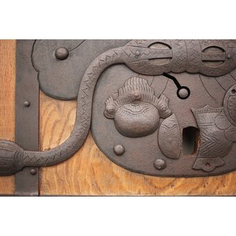 高密度欅材 巾着金具格子蔵戸　W987Y 