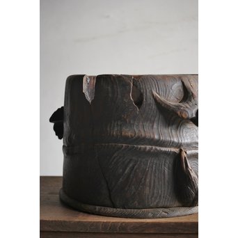 竹雀 浮彫木彫火鉢　X224 