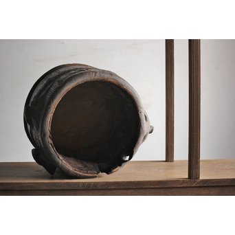 竹雀 浮彫木彫火鉢　X224 