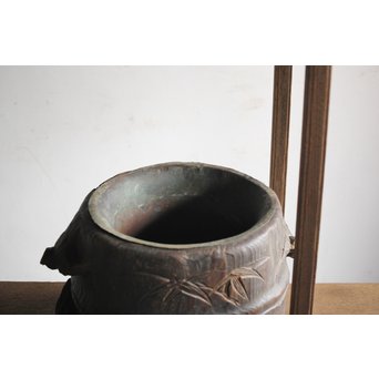 竹雀 浮彫木彫火鉢　X224 