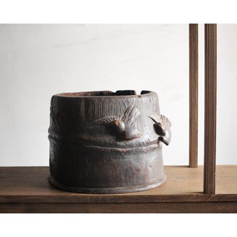 竹雀 浮彫木彫火鉢　X224