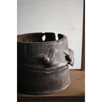 竹雀 浮彫木彫火鉢　X224 