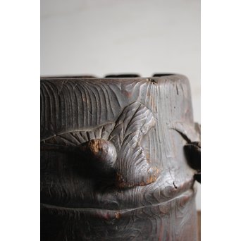 竹雀 浮彫木彫火鉢　X224 