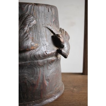 竹雀 浮彫木彫火鉢　X224 