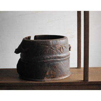 竹雀 浮彫木彫火鉢　X224 