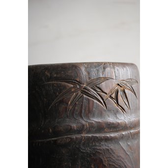 竹雀 浮彫木彫火鉢　X224 